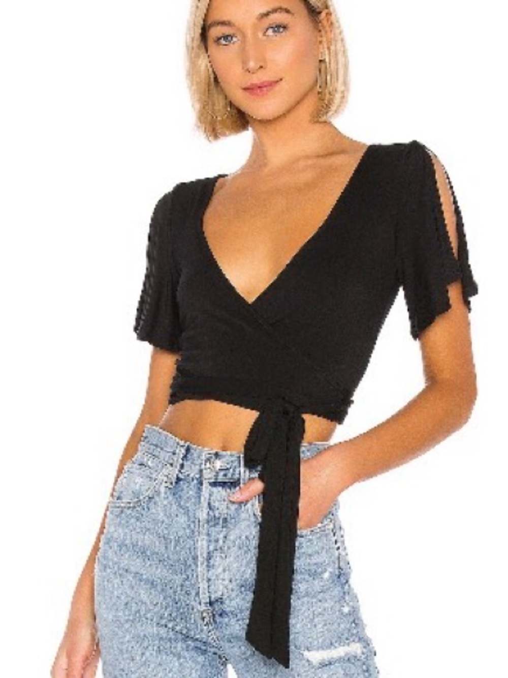Lovers + Friends Carmena Black Tie-Front Wrap Crop Top